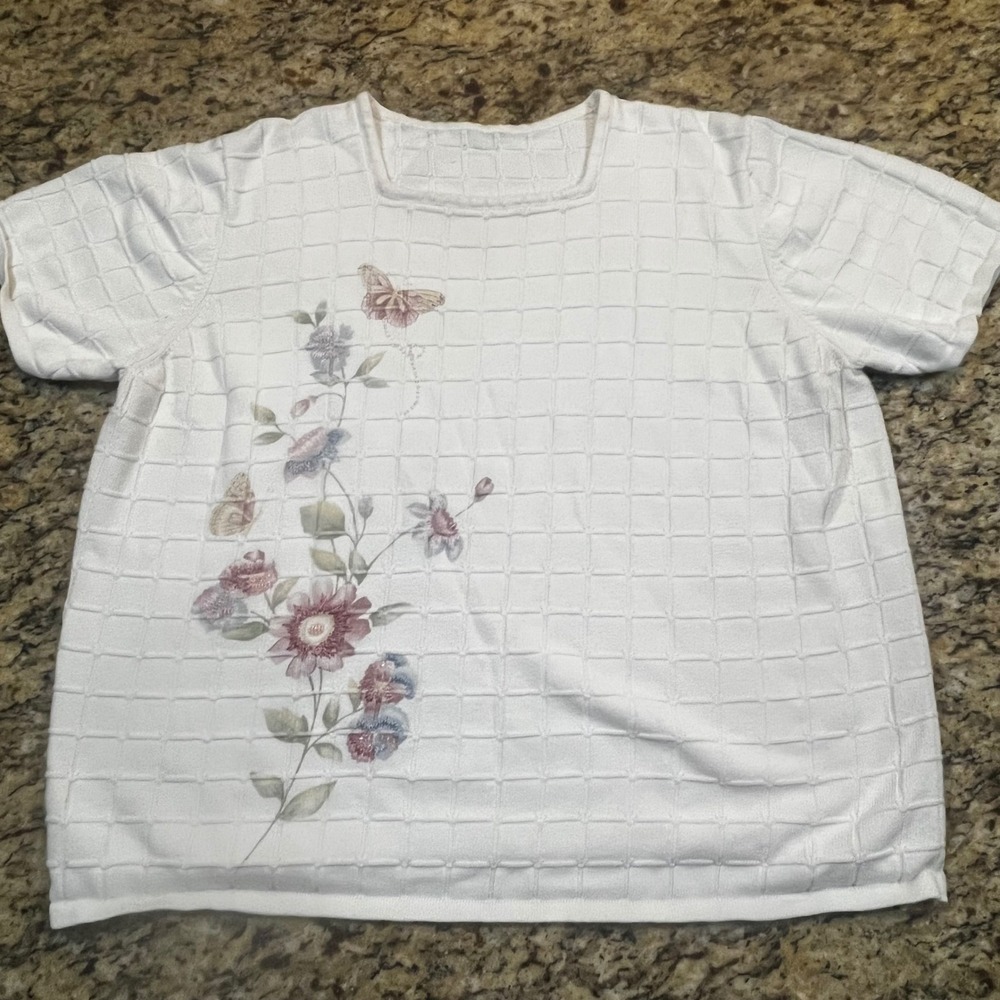 Vintage Floral‎ Butterfly Knit Sweater Top Square Neck Off White Short Sleeve XL